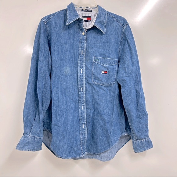 0163 Tommy Hilfiger Blue Denim Shirt size 12 - Picture 1 of 10